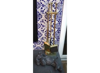 Four Piece Brass Fireplace Tool Set & Resin Dog Figurine