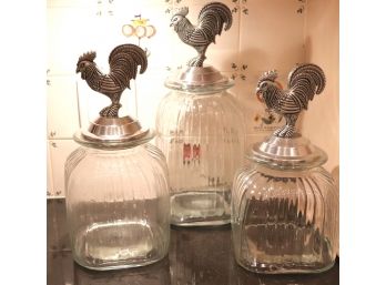 Set Of Fun Happy Rooster Cannister Jars With Metal Lids