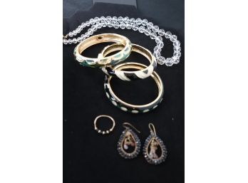 3 Fun Costume Metal Bracelet Bangles Plus Earrings And Faceted Crystal Necklace