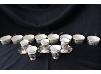 Vintage Lenox Porcelain & Sterling Silver Teacups & Saucers And Crme Brle Dishes