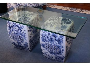 Pair Of Vintage Blue & White Garden Stools With Thick Beveled Glass Top