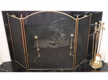 Vintage Lacquered Brass Finished Fireplace Tool Set, Mesh Screen & Pair Of Andirons