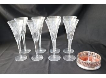8 Vintage Waterford Crystal Champagne Flutes With Sterling Silver & Wood Bottle Coaster