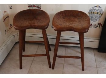 Pair Of Vintage Hand Crafted Counter Height Wooden Stools