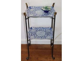 Vintage Blue & White Porcelain Dishes On Wrought Iron Plant Stand