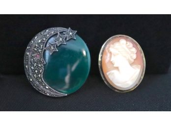 Marcasite Moon Pin With GreenSKy Plus European Cameo Pin Marked 800  Cameo Also Has Loop For Hanging