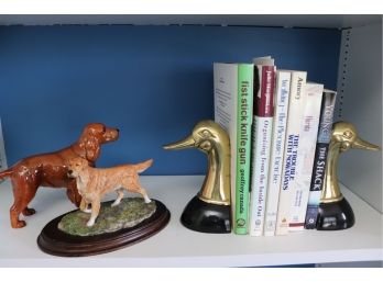 Vintage Pair Of Brass Duckhead Bookends & 2 Porcelain Dog Figurines