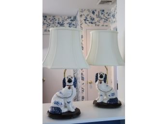 Pair Of Vintage Foo Dog Porcelain Lamps In Blue & White