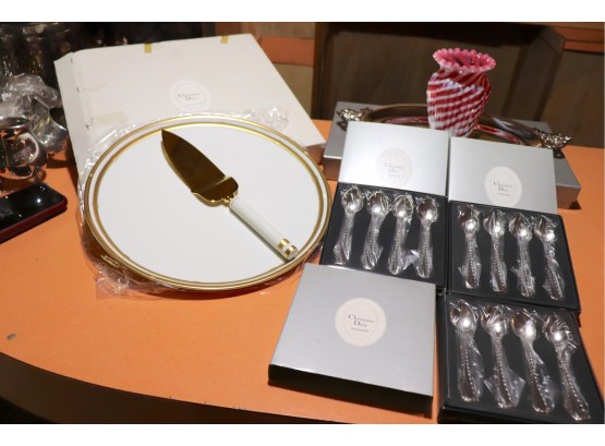 Christian Dior Plate, Server & 12 Piece Demitasse Spoons And Silverplate Tray & Art Glass Red/Pink/White Vase
