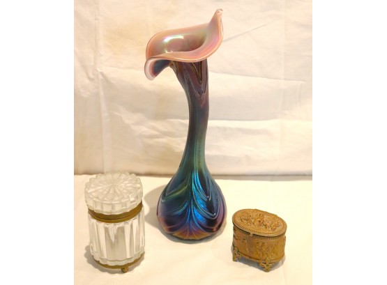 Handblown Cala Lily Vase, Vintage Casket Box And Vintage Ornate Bronze Box