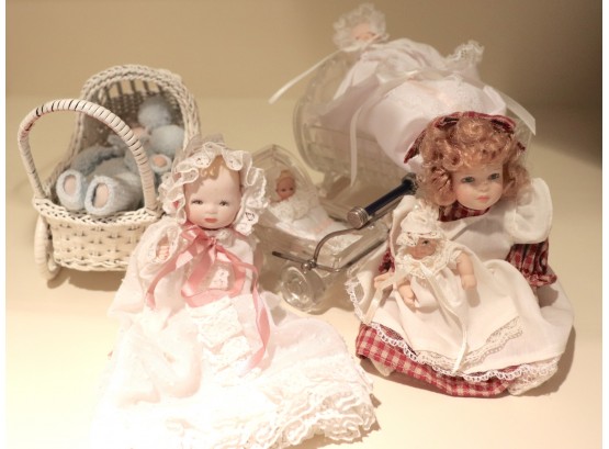 5 Miniature Dolls With 2 Strollers And 1 Bassinet
