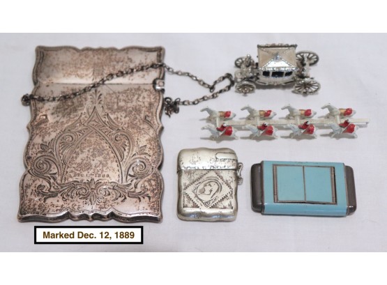 Sterling Match Safe, Enamel Woman’s Purse/Pocket Watch,with Enamel Case & Miniature Silver Coach And Horses
