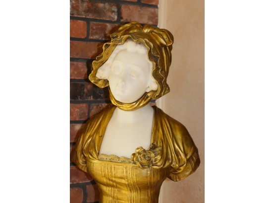 Marble Bust With Gold Bronze Sitting On Green Marble Base.