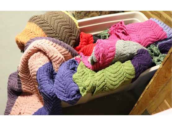 Box Filled With 4 Hand-crocheted Quilts In Nice Condition And Assorted Colors