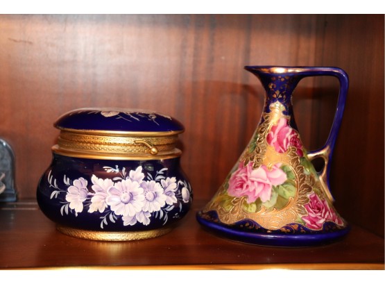 Large Cobalt Blue Powder Jar And Hand-painted Narrow-neck Vase/Pitcher