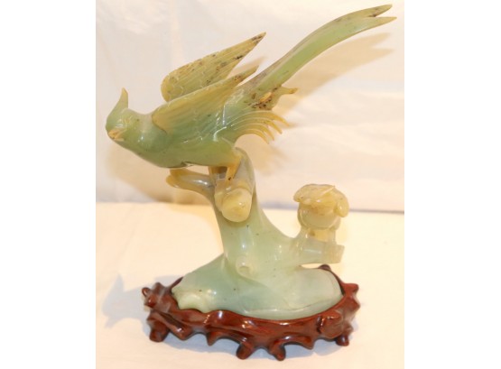 Green  Stone Asian Decorative Song Bird On Perch