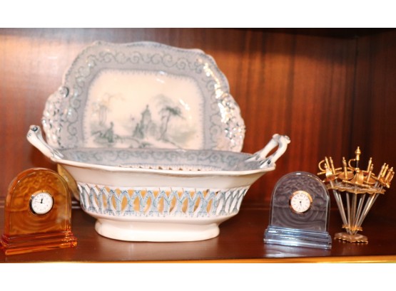 2 Piece Blue/White Transfer-ware Bowl And Platter, Lalique-Look Clocks, Sword Appetizer Set
