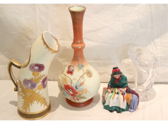 Grouping Of 4 Porcelain & Crystal Decorative Pieces: Royal Doulton, Bristol Vase, Floral Pitcher,Crystal Vase