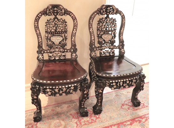 Pair Of Heavy Rosewood Side Chairs With Mother Of Pearl Inlay