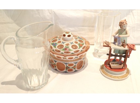 Assorted Quality Items: Baccarat Pitcher, Case Glass Bowl/Lid, Capodimonte Figurine