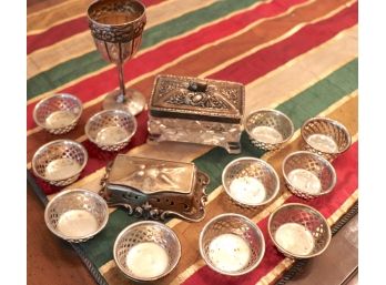 Sterling Nut Dishes, Sterling Stamp Box, Sterling Kiddish Cup & Crystal Box With Sterling Lid