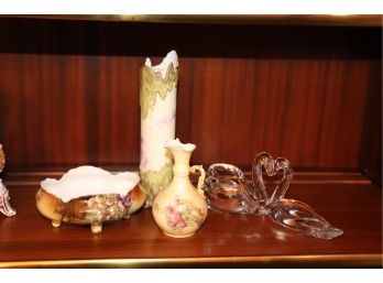 3 Pieces Of Antique Austrian/European Porcelain And Double Baccarat Swan
