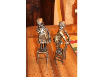 Pair Of 12' Bronze Children Perched On Stools