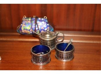 Cloisonné Purse With Satin Strap And Fringe & Silver Plate Salt Cellars With Blue Glass Inserts