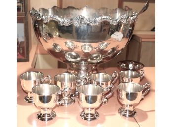 Silver Plate Punch Bowl, Ladle And 7 Cups With Handles & 1 Sugar Bowl