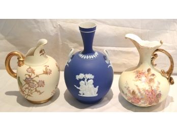 Wedgwood Vase In  Cobalt Blue, Royal Worcester Pitcher And German Rudolfstadt Pitcher