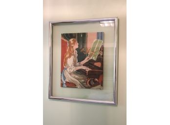 Needlepoint Framed Art Of Girl Playing Piano