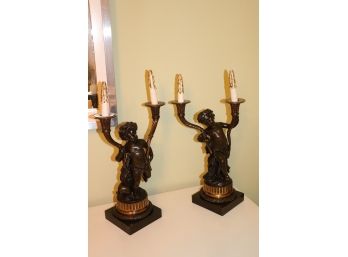 Pair Of 15” Tall Heavy Bronze Cupid Candelabra