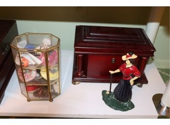 Wood Jewelry Box, Door Stop Woman With Brimmed Hat, And Small Display Case And Other Fun Miniature Items. With