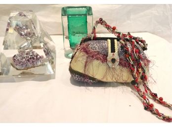 Lucite Triangle Block, Mary Frances Handbag & Green Modern Barney’s Vase