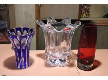 Modern French Crystal Vase, Czech Blue Fluted Vase & Red  Crystal Vase