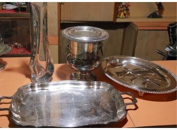 3 Piece Silverplate Serving Pieces And 1 Large 70’s Vase