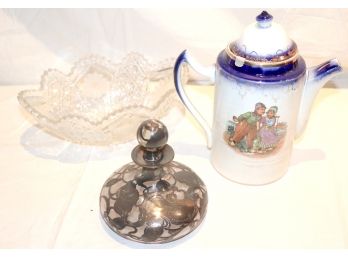 Cut Crystal Bowl, Teapot With Tea-ball & Small Decanter With Sterling Silver Inlay