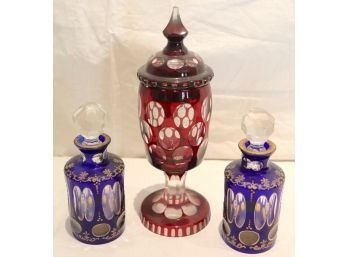 2 Cobalt Blue Glass Perfume Bottles With  Stoppers & Cranberry Glass Compote