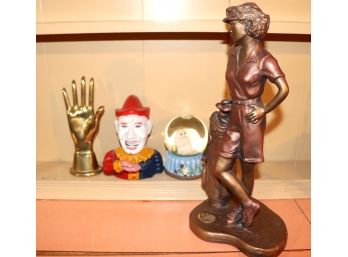 Metal Golf Trophy Figurine By Heath, Brass Hand, Metal Mechanical Clown, Cat Snow Globe