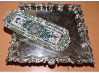 Large Silverplate Tray & Limoges Porcelain Tray