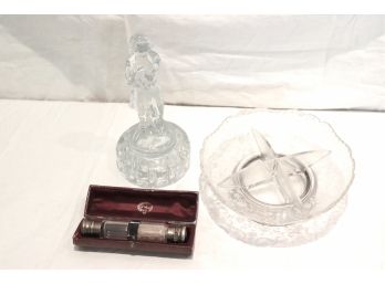 Travel Silverplate Set With Silver Top In Leather Case, Glass Frog Of Nude Female, Etched Candy Dish, Sterling