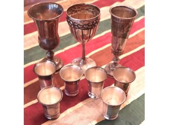 3 Sterling Kiddish Cups (1 Persian And 1 Mexican) & 6 Small Metal Kiddish Cups