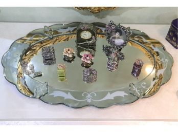 Large Vanity Tray With Assortment Of Exquisite Sparking Boxes And Jay Strongwater Clock