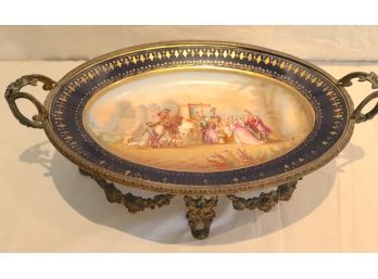Oval Cobalt And Gold Hand-painted Plate With Renaissance Scene Sitting On Brass Frame