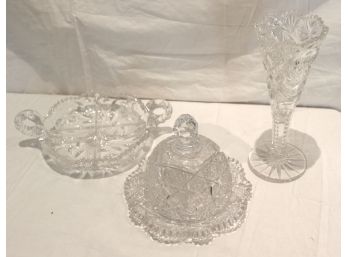 Cut Crystal Cheese Dish, Cover And Plate With Tall Vase & Candy Dish
