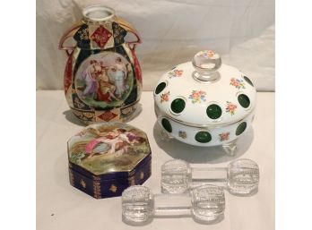Portrait Vase, Case Glass Covered Dish, Transfer Porcelain Italian Box & 2 Crystal Knife Rests