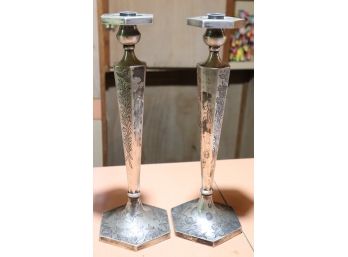 Pair Of Sterling Candlesticks With Geometric Style (Not Weighted)