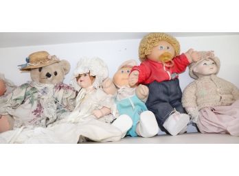 5 Dolls Include 2 Cabbage Patch Baby Dolls, 2 Porcelain Face Doll And Stuffed Bear Ready For Tea.