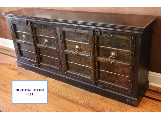 Quality Distressed Medieval Style Buffet Server Cabinet With Brass Finished Hardware