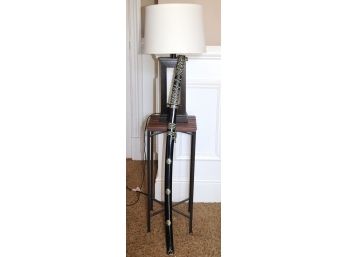 Small Wood Pedestal Table With Lamp & Decorative Samurai Sword
